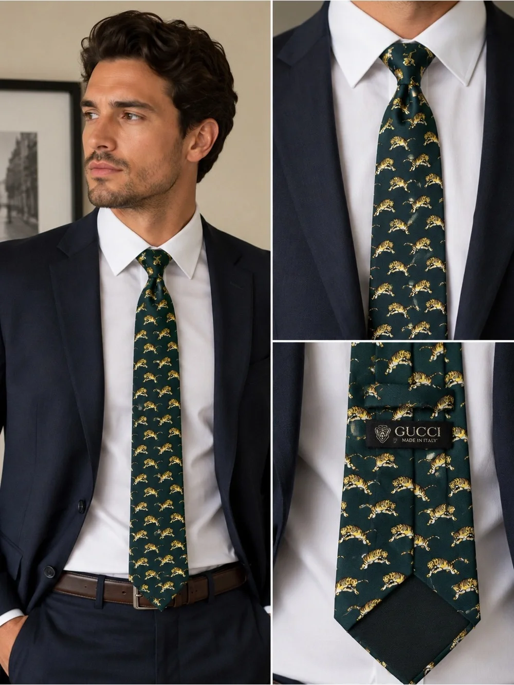 Vintage Gucci Green Silk Tie with Gold Leopard Motif